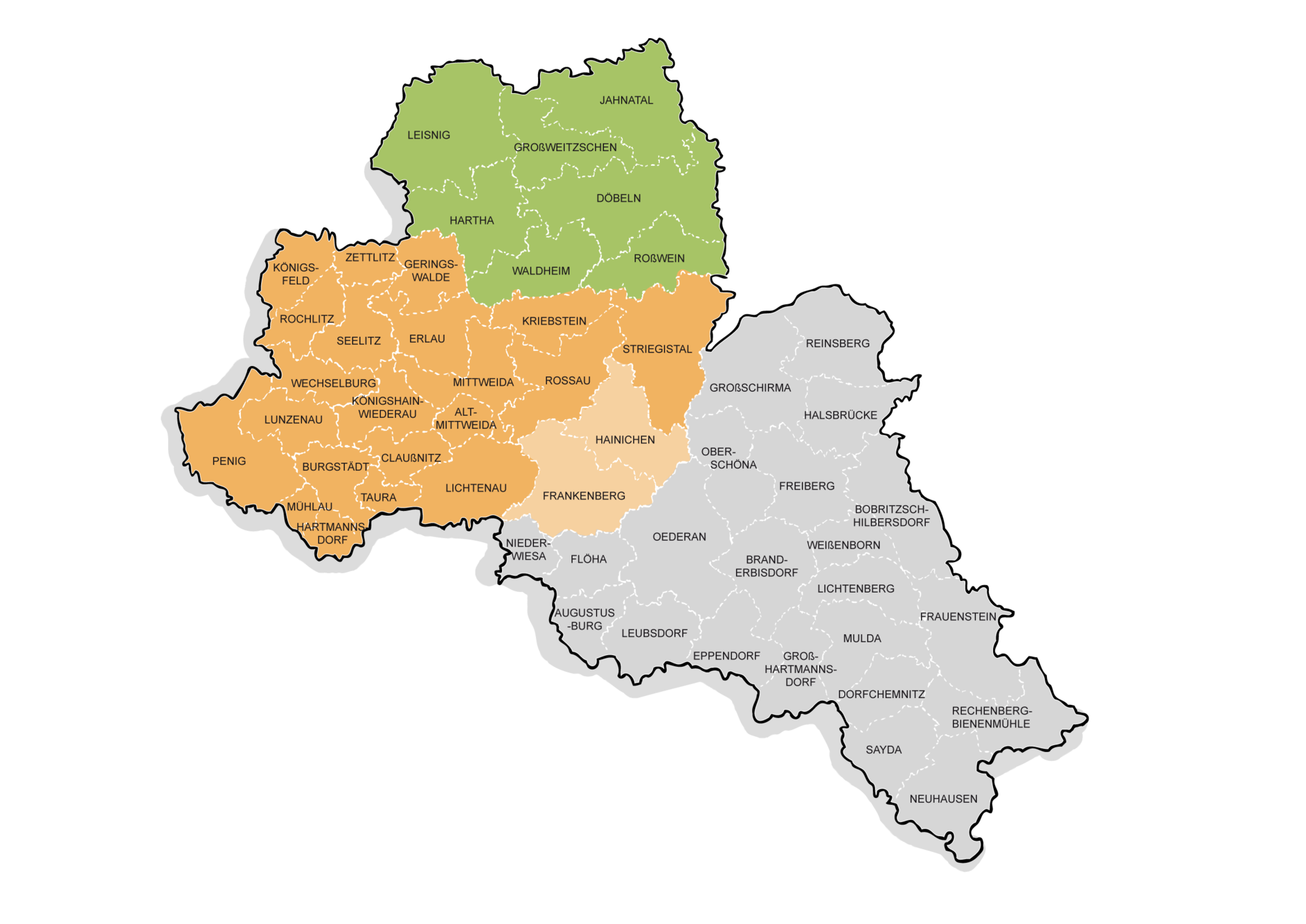 eine illustrierte Karte des Landkreises Mittelsachsen mit den unterschiedlichen Städten und Gemeinden. Die Region Nord (Altkreis Mittweida) ist orange dargestellt. Region Süd (Altkreis Döbeln) ist grün eingefärbt und Region Süd (Altkreis Freiberg) ist grau eingefärbt. Die Region Mitte besehend auf Frankenberg und Hainichen ist in einem hellorange eingefärbt.