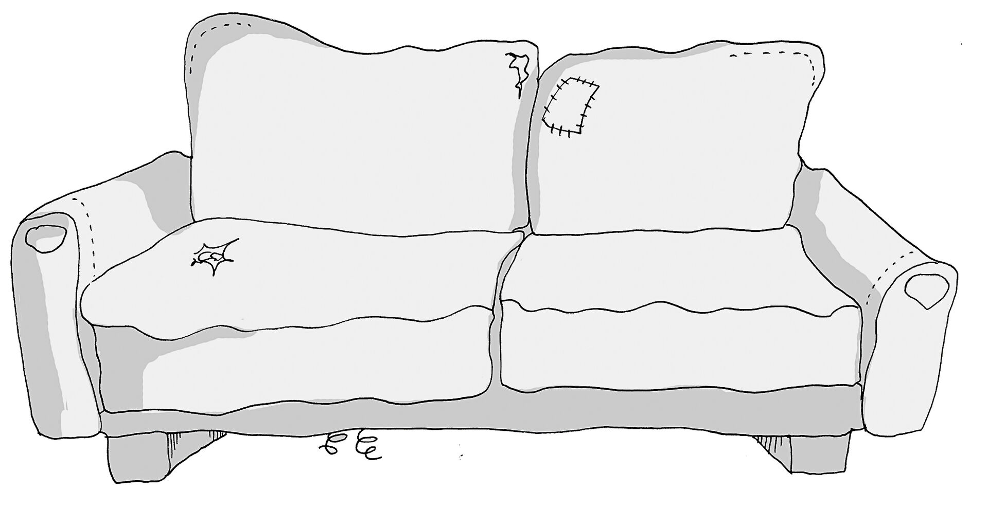 Ein illustriertes altes Sofa (Zweisitzer) mit einigen Flicken und Löchern. An der Unterseite des Sofas schauen zwei Federn raus.