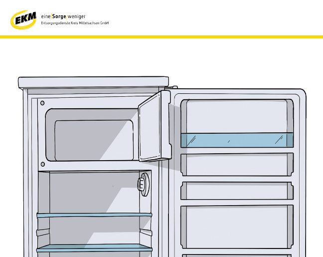 leerer gezeichneter Kühlschrank mit einem Frostfach, vier Ablageböden und einem großen Gemüsefach