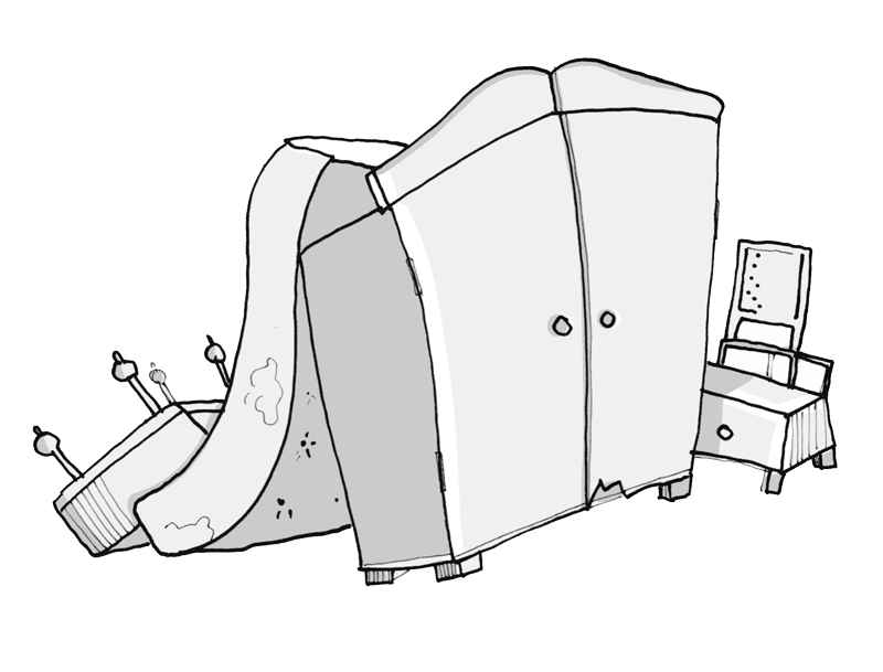 Ein illustrierter Sperrmüllhaufen mit einem Tisch, einer Matratze einem Schrank, einem Nachtschrank und einem Klappstuhl.