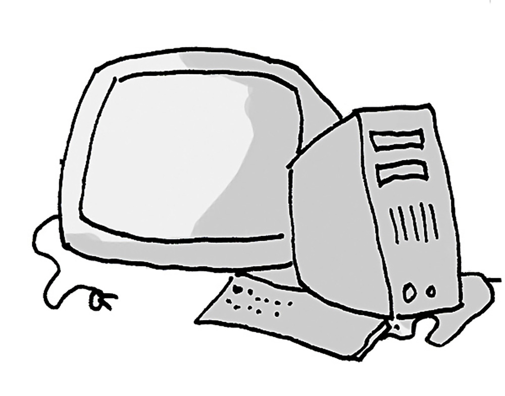 ein illustrierter PC-Bildschirm, ein PC und eine Tastatur