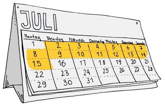 ein illustrierter Tischkalender mit dem Kalenderblatt vom Monat Juli. Dienstag der 02. Juli bis Montag den 15. Juli sind gelb markiert.
