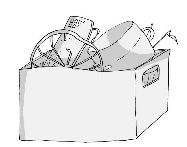 eine illustrierte Kiste mit Griffen an der Seite. In dieser Kiste befinden sich ein altes kaputtes Rad und ein alter Topf