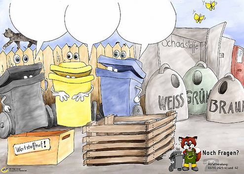 Trennposter der EKM: eine schwarze Tonne, eine gelbe Tonne, eine blaue Tonne mit Gesicht. Neben den Tonnen stehen drei Altglascontainer mit der Aufschrift "weiß", "grün", braun. Im Hintergrund der das Schadstoffmobil sowie ein Zaun, auf dem eine Katze lang läuft. Vor den Tonnen befindet sich eine Kiste mit der Aufschrift "Wertstoffhof" und ein Holzlattenkomposter.
