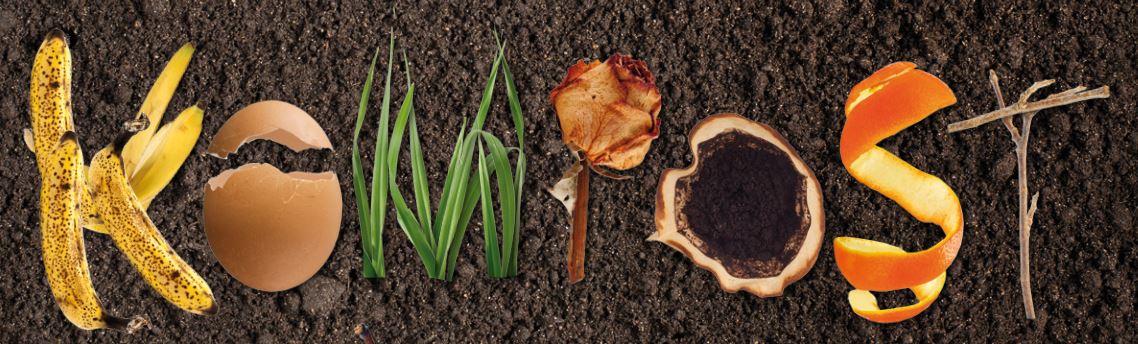 Kompostfibel des Umweltamtes - Verschiedene Früchte und Gemüse bilden das Wort "Kompost"