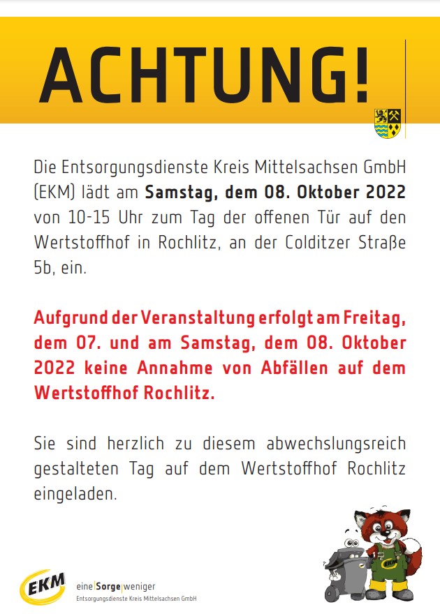 Am 7. und 8. Oktober 2022 bleibt die Annahme von Wertstoffen und Abfällen auf dem Wertstoffhof in Rochlitz geschlossen.
